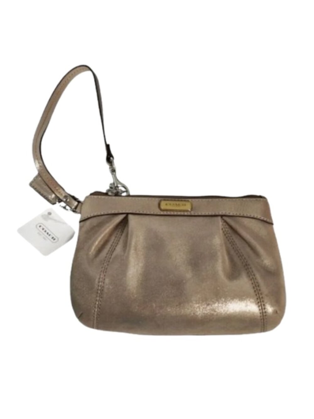 NWT Coach F46484 Metallic Pewter Pleated Fabric Leather Medium Wristlet Clutch
